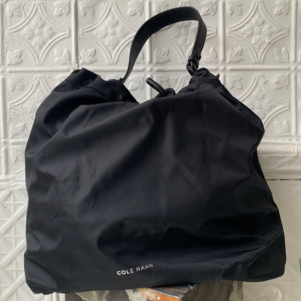 Cole Haan Black Nylon Leather Drawstring Hobo Bag
